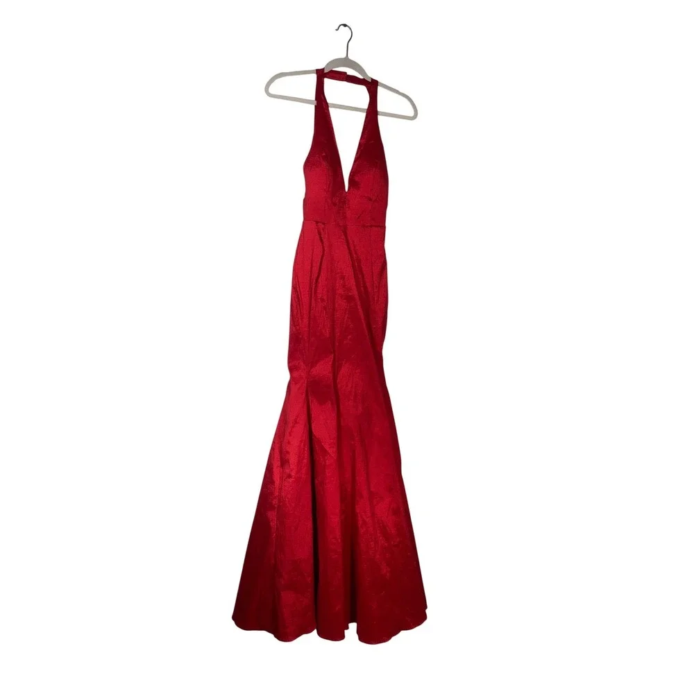 Red Halter Mermaid Formal Gown Dress V-Neck Open Back Tulle Crinoline Size M